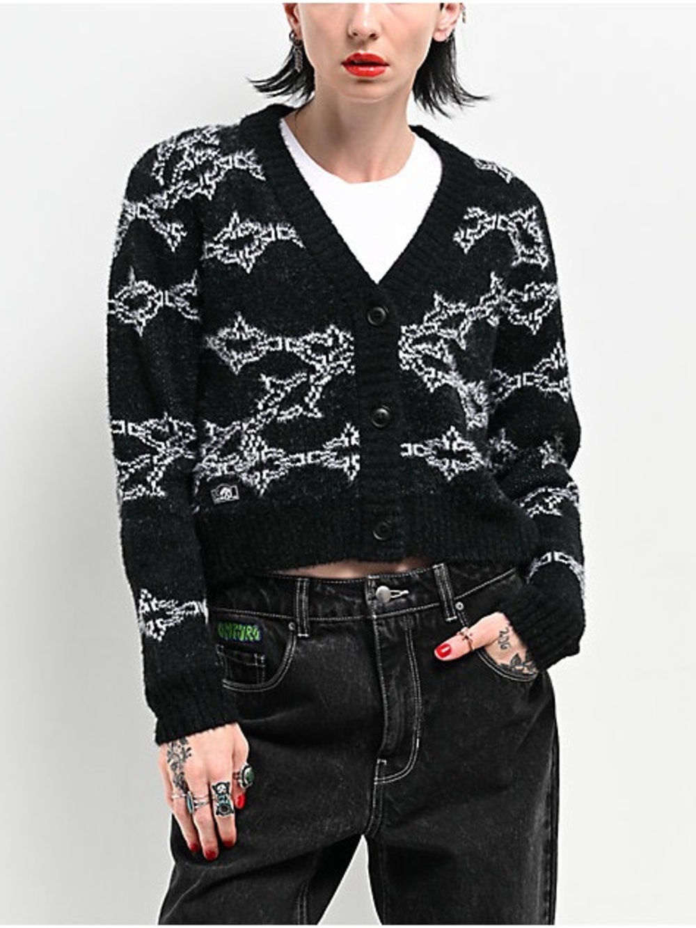 Lurking Class Cropped Cardigan Black Spiked Chain Knit Sweater Large Grunge Goth